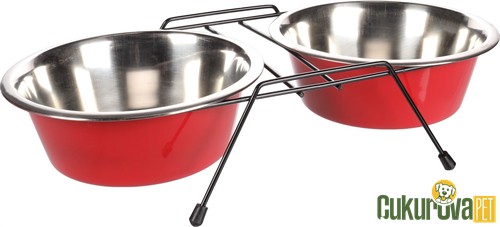 Flamingo Arjun Standlı İkili Kedi & Köpek Çelik Mama Ve Su Kabı Kırmızı - 2 x 1600 Ml