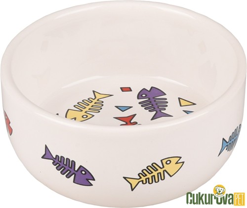 Flamingo Balık Desenli Kedi & Köpek Seramik Mama Ve Su Kabı Beyaz - 325 Ml