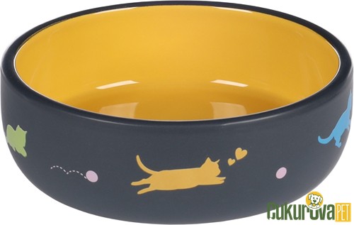 Flamingo Rani Kedi Desenli Kedi & Köpek Seramik Mama Ve Su Kabı Gri & Sarı - 380 Ml