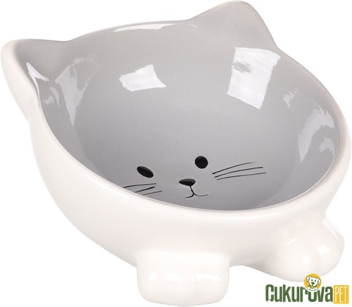 Flamingo Puzi Kedi Desenli Kedi & Köpek Seramik Mama Ve Su Kabı Beyaz & Gri - 125 Ml