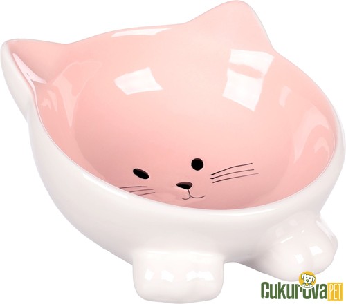 Flamingo Puzi Kedi Desenli Kedi & Köpek Seramik Mama Ve Su Kabı Beyaz & Pembe - 125 Ml