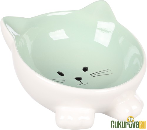 Flamingo Puzi Kedi Desenli Kedi & Köpek Seramik Mama Ve Su Kabı Beyaz & Yeşil - 125 Ml