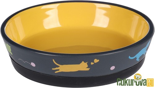 Flamingo Rani Kedi Desenli Kedi & Köpek Seramik Mama Ve Su Kabı Gri & Sarı - 320 Ml