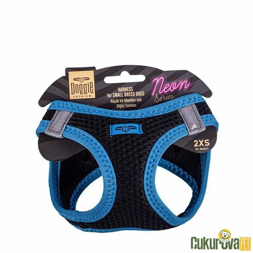 DOGGIE HAVALI DOKUMADAN NEON SERİSİ EL YAPIMI KÜÇÜK IRK KÖPEK GÖĞÜS TASMASI 2XS 26 - 30 CM - MAVİ
