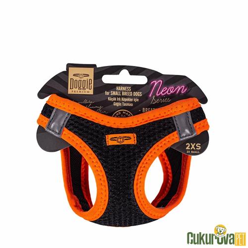 DOGGIE HAVALI DOKUMADAN NEON SERİSİ EL YAPIMI KÜÇÜK IRK KÖPEK GÖĞÜS TASMASI 2XS 26 - 30 CM - TURUNCU