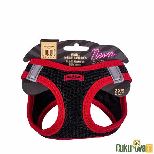 DOGGIE HAVALI DOKUMADAN NEON SERİSİ EL YAPIMI KÜÇÜK IRK KÖPEK GÖĞÜS TASMASI 2XS 26 - 30 CM - KIRMIZI