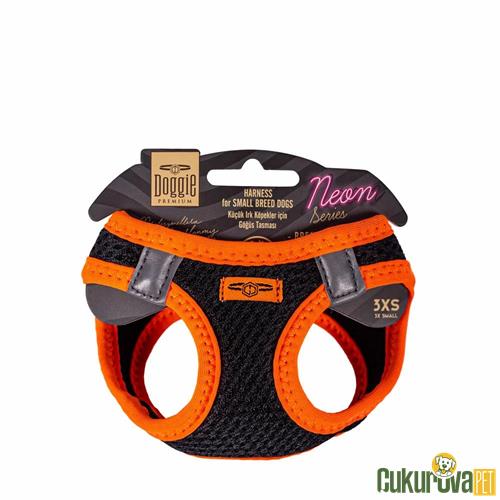 DOGGIE HAVALI DOKUMADAN NEON SERİSİ EL YAPIMI KÜÇÜK IRK KÖPEK GÖĞÜS TASMASI 3XS 22 - 26 CM - TURUNCU