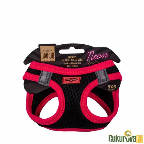 DOGGIE HAVALI DOKUMADAN NEON SERİSİ EL YAPIMI KÜÇÜK IRK KÖPEK GÖĞÜS TASMASI 3XS 22 - 26 CM - PEMBE