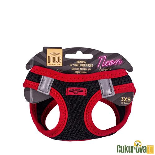 DOGGIE HAVALI DOKUMADAN NEON SERİSİ EL YAPIMI KÜÇÜK IRK KÖPEK GÖĞÜS TASMASI 3XS 22 - 26 CM - KIRMIZI