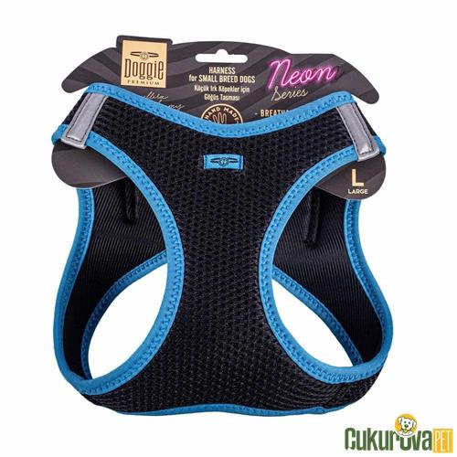 DOGGIE HAVALI DOKUMADAN NEON SERİSİ EL YAPIMI KÜÇÜK IRK KÖPEK GÖĞÜS TASMASI L 42 - 48 CM - MAVİ
