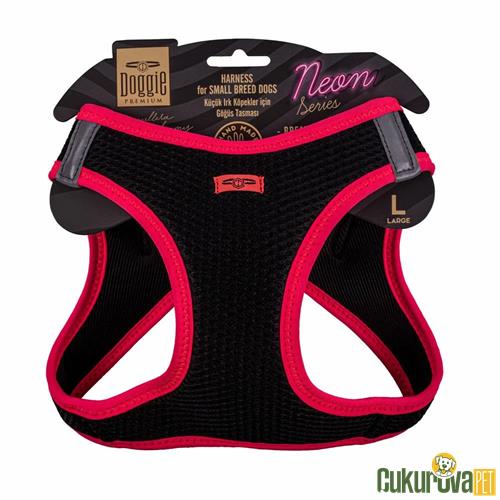 DOGGIE HAVALI DOKUMADAN NEON SERİSİ EL YAPIMI KÜÇÜK IRK KÖPEK GÖĞÜS TASMASI L 42 - 48 CM - PEMBE