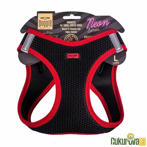 DOGGIE HAVALI DOKUMADAN NEON SERİSİ EL YAPIMI KÜÇÜK IRK KÖPEK GÖĞÜS TASMASI L 42 - 48 CM - KIRMIZI