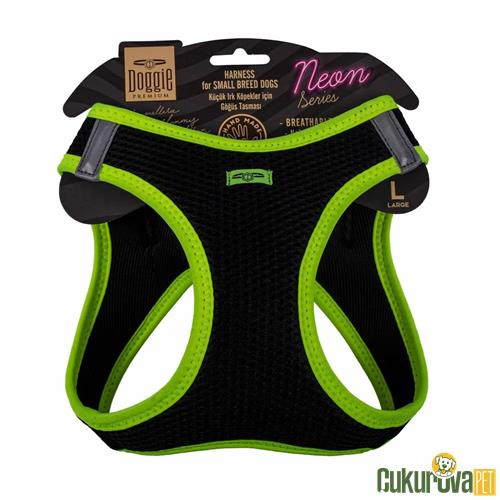 DOGGIE HAVALI DOKUMADAN NEON SERİSİ EL YAPIMI KÜÇÜK IRK KÖPEK GÖĞÜS TASMASI L 42 - 48 CM - SARI