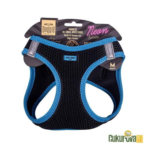 DOGGIE HAVALI DOKUMADAN NEON SERİSİ EL YAPIMI KÜÇÜK IRK KÖPEK GÖĞÜS TASMASI M 38 - 44 CM - MAVİ