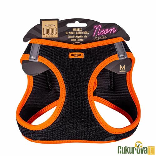 DOGGIE HAVALI DOKUMADAN NEON SERİSİ EL YAPIMI KÜÇÜK IRK KÖPEK GÖĞÜS TASMASI M 38 - 44 CM - TURUNCU