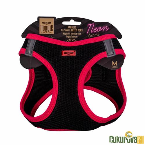 DOGGIE HAVALI DOKUMADAN NEON SERİSİ EL YAPIMI KÜÇÜK IRK KÖPEK GÖĞÜS TASMASI M 38 - 44 CM - PEMBE