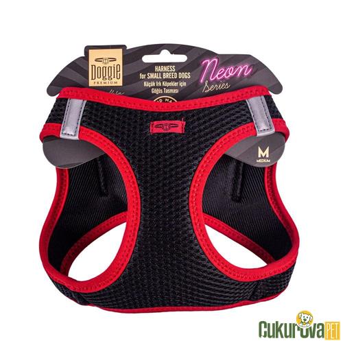 DOGGIE HAVALI DOKUMADAN NEON SERİSİ EL YAPIMI KÜÇÜK IRK KÖPEK GÖĞÜS TASMASI M 38 - 44 CM - KIRMIZI