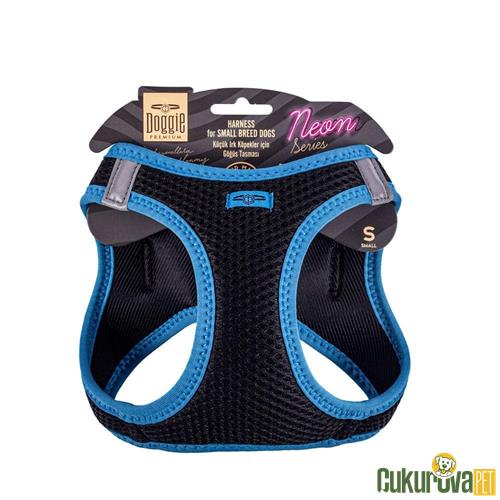 DOGGIE HAVALI DOKUMADAN NEON SERİSİ EL YAPIMI KÜÇÜK IRK KÖPEK GÖĞÜS TASMASI S 32 - 38 CM - MAVİ