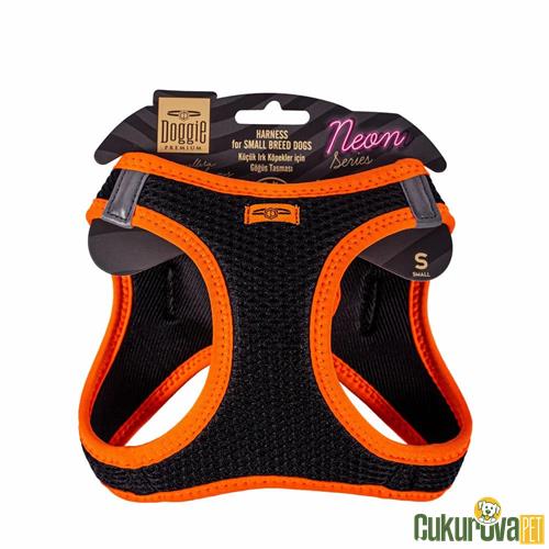 DOGGIE HAVALI DOKUMADAN NEON SERİSİ EL YAPIMI KÜÇÜK IRK KÖPEK GÖĞÜS TASMASI S 32 - 38 CM - TURUNCU
