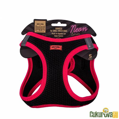 DOGGIE HAVALI DOKUMADAN NEON SERİSİ EL YAPIMI KÜÇÜK IRK KÖPEK GÖĞÜS TASMASI S 32 - 38 CM - PEMBE