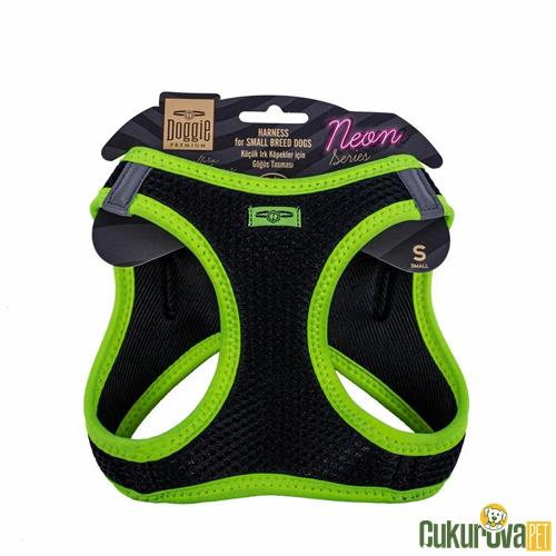 DOGGIE HAVALI DOKUMADAN NEON SERİSİ EL YAPIMI KÜÇÜK IRK KÖPEK GÖĞÜS TASMASI S 32 - 38 CM - SARI