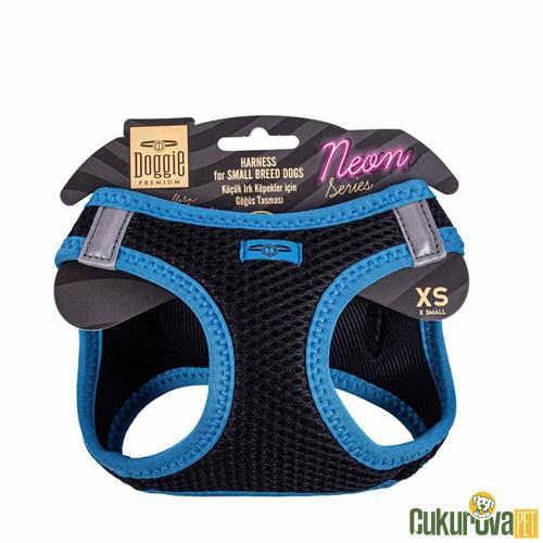 DOGGIE HAVALI DOKUMADAN NEON SERİSİ EL YAPIMI KÜÇÜK IRK KÖPEK GÖĞÜS TASMASI XS 30 - 34 CM - MAVİ