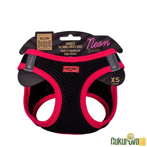 DOGGIE HAVALI DOKUMADAN NEON SERİSİ EL YAPIMI KÜÇÜK IRK KÖPEK GÖĞÜS TASMASI XS 30 - 34 CM - PEMBE