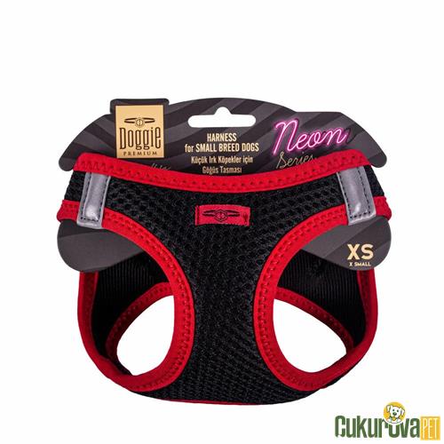 DOGGIE HAVALI DOKUMADAN NEON SERİSİ EL YAPIMI KÜÇÜK IRK KÖPEK GÖĞÜS TASMASI XS 30 - 34 CM - KIRMIZI