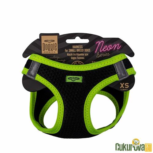 DOGGIE HAVALI DOKUMADAN NEON SERİSİ EL YAPIMI KÜÇÜK IRK KÖPEK GÖĞÜS TASMASI XS 30 - 34 CM - SARI