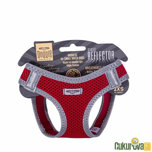DOGGIE HAVALI DOKUMADAN REFLEKTÖR SERİSİ EL YAPIMI KÜÇÜK IRK KÖPEK GÖĞÜS TASMASI 2XS 26 - 30 CM - KIRMIZI