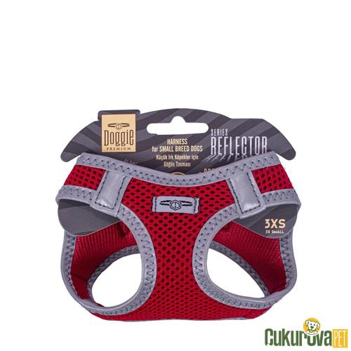 DOGGIE HAVALI DOKUMADAN REFLEKTÖR SERİSİ EL YAPIMI KÜÇÜK IRK KÖPEK GÖĞÜS TASMASI 3XS 22 - 26 CM - KIRMIZI