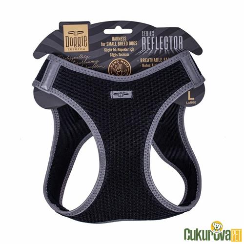 DOGGIE HAVALI DOKUMADAN REFLEKTÖR SERİSİ EL YAPIMI KÜÇÜK IRK KÖPEK GÖĞÜS TASMASI L 42 - 48 CM - SİYAH