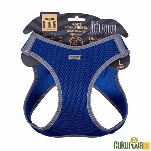 DOGGIE HAVALI DOKUMADAN REFLEKTÖR SERİSİ EL YAPIMI KÜÇÜK IRK KÖPEK GÖĞÜS TASMASI L 42 - 48 CM - MAVİ