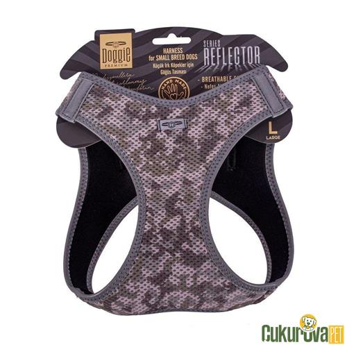 DOGGIE HAVALI DOKUMADAN REFLEKTÖR SERİSİ EL YAPIMI KÜÇÜK IRK KÖPEK GÖĞÜS TASMASI - L 42 - 48 CM - CAMO