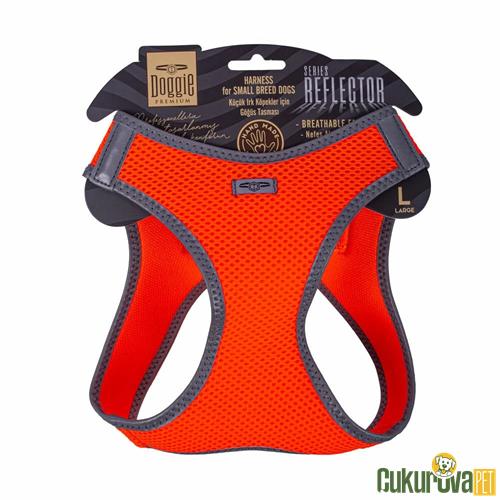 DOGGIE HAVALI DOKUMADAN REFLEKTÖR SERİSİ EL YAPIMI KÜÇÜK IRK KÖPEK GÖĞÜS TASMASI L  42 - 48 CM - TURUNCU