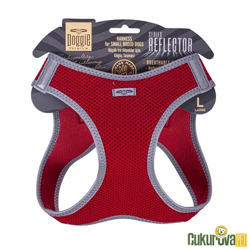 DOGGIE HAVALI DOKUMADAN REFLEKTÖR SERİSİ EL YAPIMI KÜÇÜK IRK KÖPEK GÖĞÜS TASMASI L 42 - 48 CM - KIRMIZI