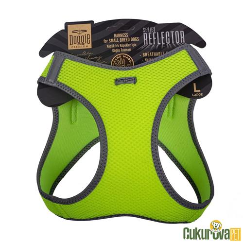 DOGGIE HAVALI DOKUMADAN REFLEKTÖR SERİSİ EL YAPIMI KÜÇÜK IRK KÖPEK GÖĞÜS TASMASI L 42 - 48 CM - SARI