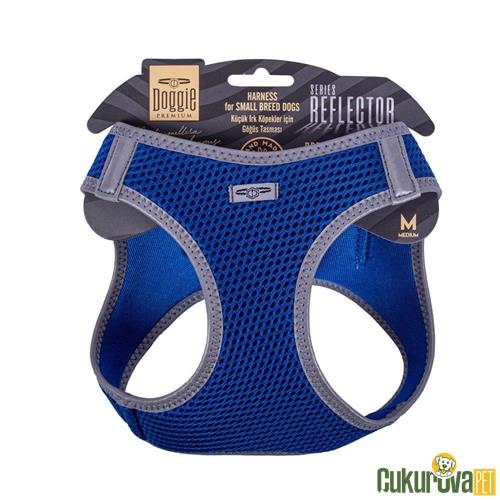 DOGGIE HAVALI DOKUMADAN REFLEKTÖR SERİSİ EL YAPIMI KÜÇÜK IRK KÖPEK GÖĞÜS TASMASI M 38 - 44 CM - MAVİ