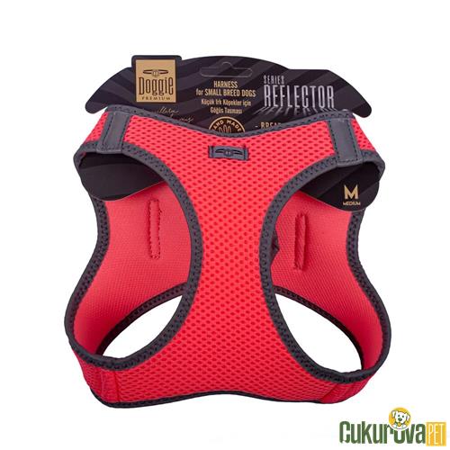 DOGGIE HAVALI DOKUMADAN REFLEKTÖR SERİSİ EL YAPIMI KÜÇÜK IRK KÖPEK GÖĞÜS TASMASI M 38 - 44 CM - PEMBE