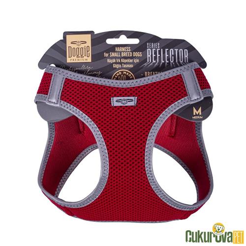 DOGGIE HAVALI DOKUMADAN REFLEKTÖR SERİSİ EL YAPIMI KÜÇÜK IRK KÖPEK GÖĞÜS TASMASI M 38 - 44 CM - KIRMIZI
