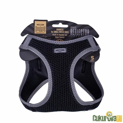 DOGGIE HAVALI DOKUMADAN REFLEKTÖR SERİSİ EL YAPIMI KÜÇÜK IRK KÖPEK GÖĞÜS TASMASI S 32 - 38 CM - SİYAH