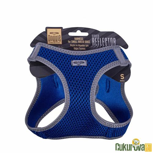DOGGIE HAVALI DOKUMADAN REFLEKTÖR SERİSİ EL YAPIMI KÜÇÜK IRK KÖPEK GÖĞÜS TASMASI S 32 - 38 CM - MAVİ