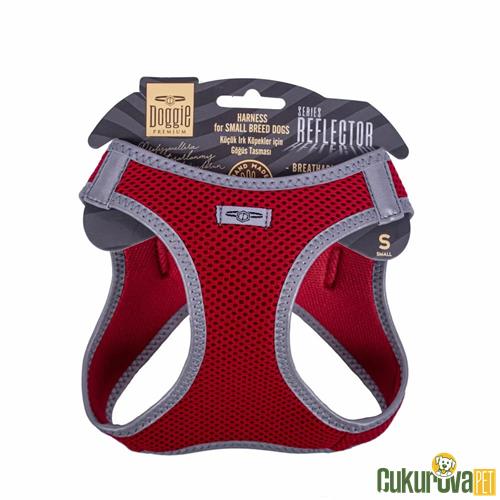 DOGGIE HAVALI DOKUMADAN REFLEKTÖR SERİSİ EL YAPIMI KÜÇÜK IRK KÖPEK GÖĞÜS TASMASI S 32 - 38 CM - KIRMIZI