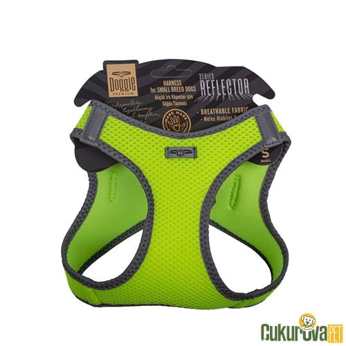 DOGGIE HAVALI DOKUMADAN REFLEKTÖR SERİSİ EL YAPIMI KÜÇÜK IRK KÖPEK GÖĞÜS TASMASI S 32 - 38 CM - SARI