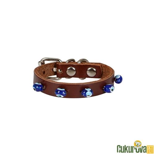 CATTIE GERÇEK DERİDEN EL YAPIMI BONCUKLU KEDİ BOYUN TASMASI XS - 1 MM x 14 - 18 CM- KAHVERENGİ