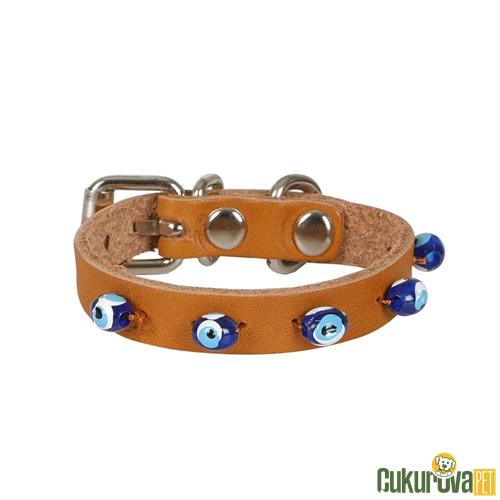 CATTIE GERÇEK DERİDEN EL YAPIMI BONCUKLU KEDİ BOYUN TASMASI XS - 1 MM x 14 - 18 CM - KAMEL