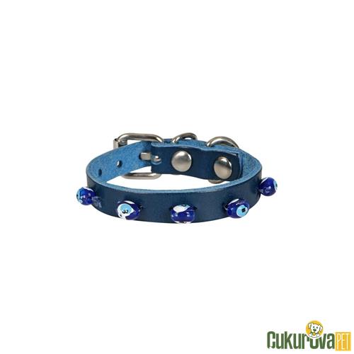 CATTIE GERÇEK DERİDEN EL YAPIMI BONCUKLU KEDİ BOYUN TASMASI XS - 1 MM x 14 - 18 CM - ROYAL MAVİ