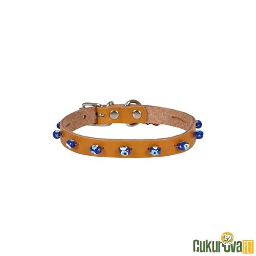 CATTIE GERÇEK DERİDEN EL YAPIMI BONCUKLU KEDİ BOYUN TASMASI L - 1.2 MM x 25 - 29 CM - KAMEL