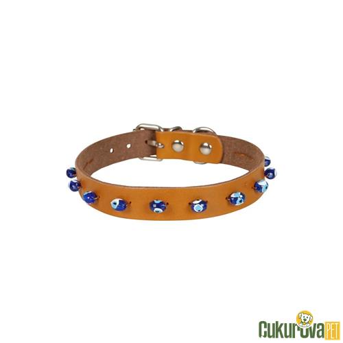 CATTIE GERÇEK DERİDEN EL YAPIMI BONCUKLU KEDİ BOYUN TASMASI XL - 1.5 MM x 28 - 32 CM - KAMEL