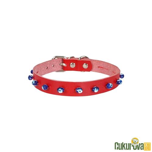 CATTIE GERÇEK DERİDEN EL YAPIMI BONCUKLU KEDİ BOYUN TASMASI XL - 1.5 MM x 28 - 32 CM - KIRMIZI